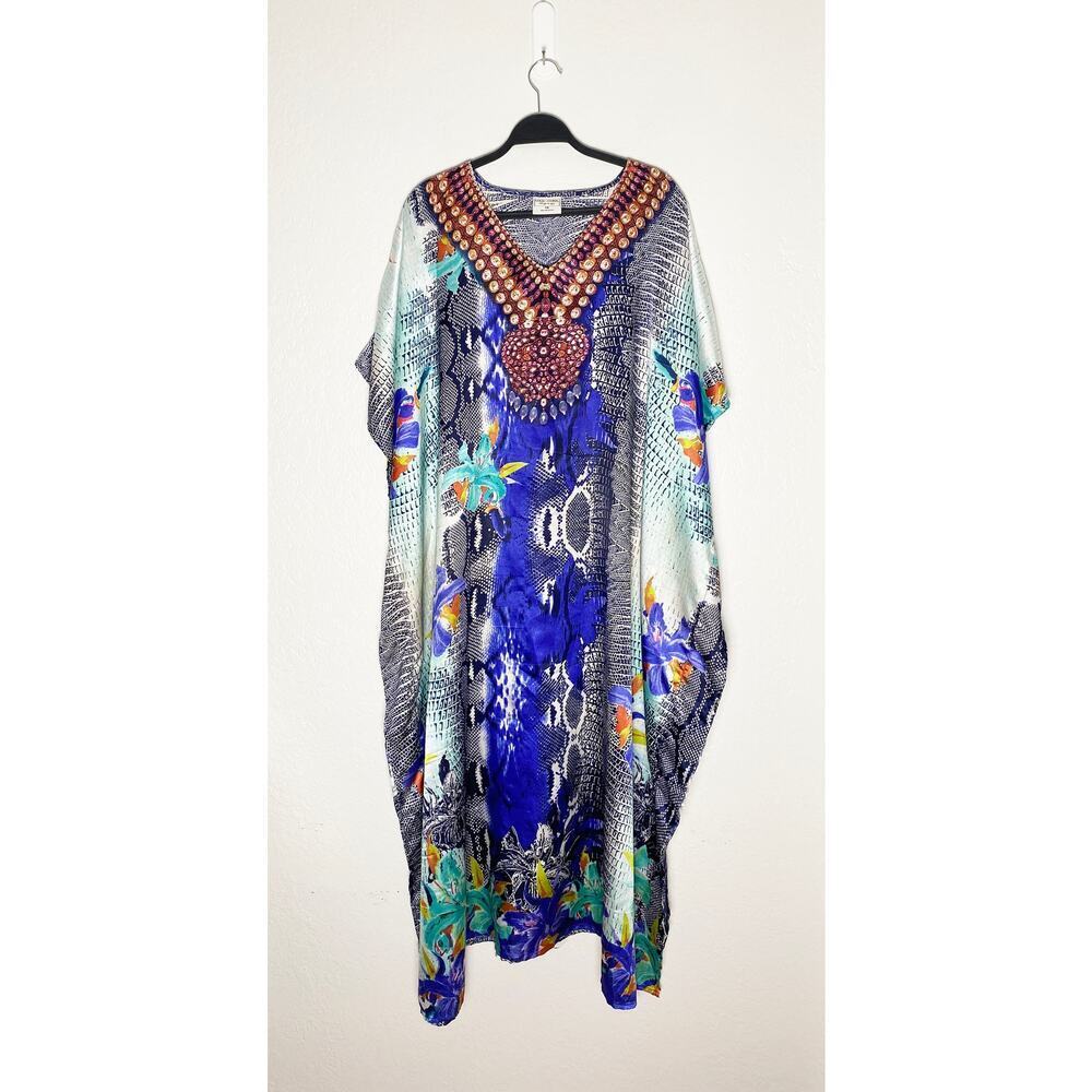 Gold Coast Women's Snake Printed V Neck Kimono Sleeve Kaftan‎ Satiny Resort OS